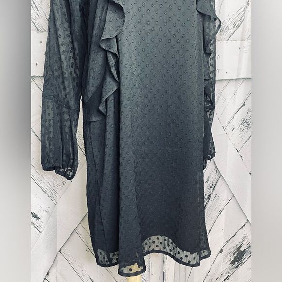 Bebe Black Dotted Swiss Dress Neck Tie Ruffles Large - Picture 5 of 10